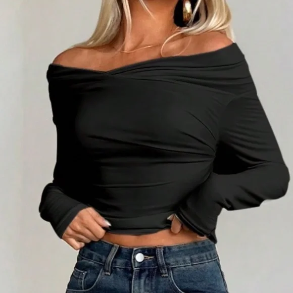 Solid Ruched Off Shoulder Fitted Long Sleeve Top - Picture 2 of 10